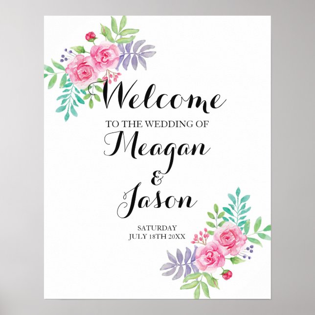 Póster Welcome Poster Wedding Floral Watercolour Roses (Frente)