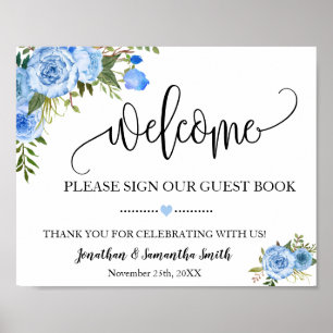 Póster Welcome sign our guest book wedding blue floral