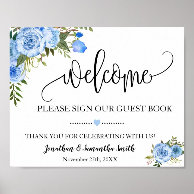 Póster Welcome sign our guest book wedding blue floral (Frente)