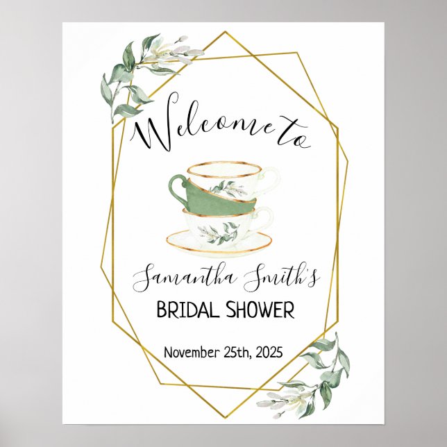 Póster Welcome Tea bridal shower greenery gold frame sign (Frente)