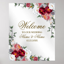 Póster Welcome Wedding Party Colorful Red White Floral