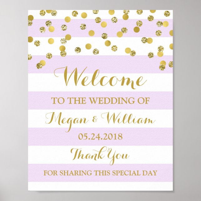 Póster Welcome Wedding Sign Purple Stripes Gold Confetti (Frente)