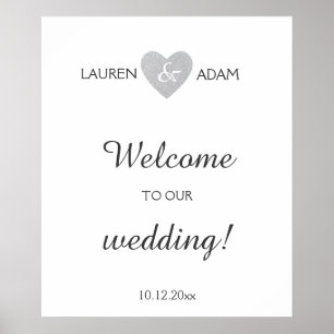 Póster Welcome wedding sign silver glitter heart, custom