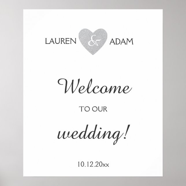 Póster Welcome wedding sign silver glitter heart, custom (Frente)