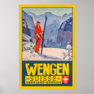 Póster Wengen Oberland Bernois Suiza Esquí Vintage
