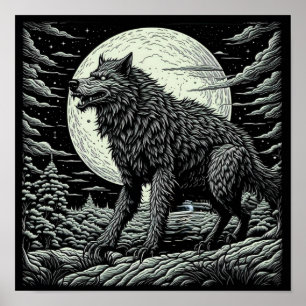Póster Werewolf Ai Art negro y blanco