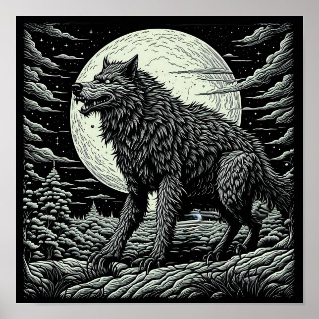 Póster Werewolf Ai Art negro y blanco (Frente)