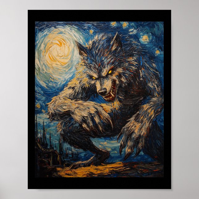 Póster Werewolf Wolf Wolves - Van Gogh Style - Starry Nig (Frente)