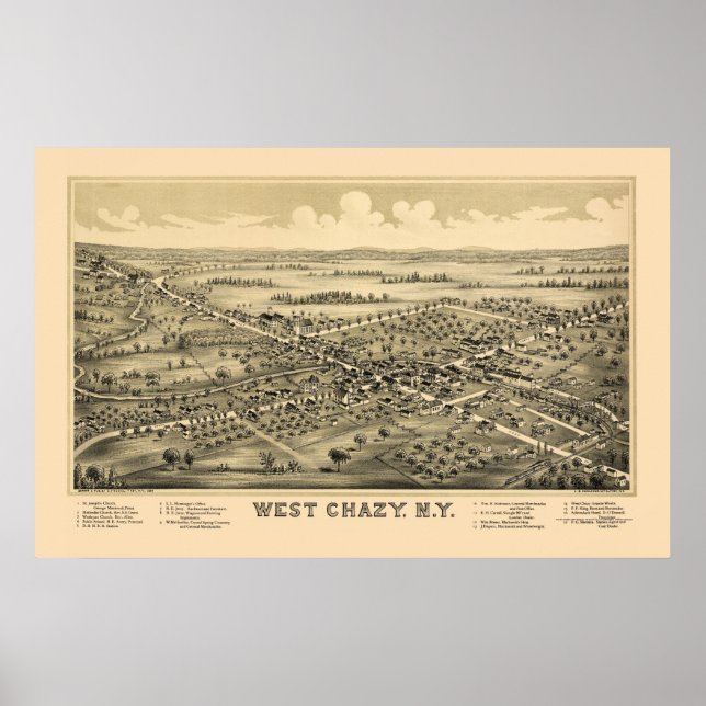 Póster West Chazy, Mapa Panorámico de Nueva York - 1899 (Frente)