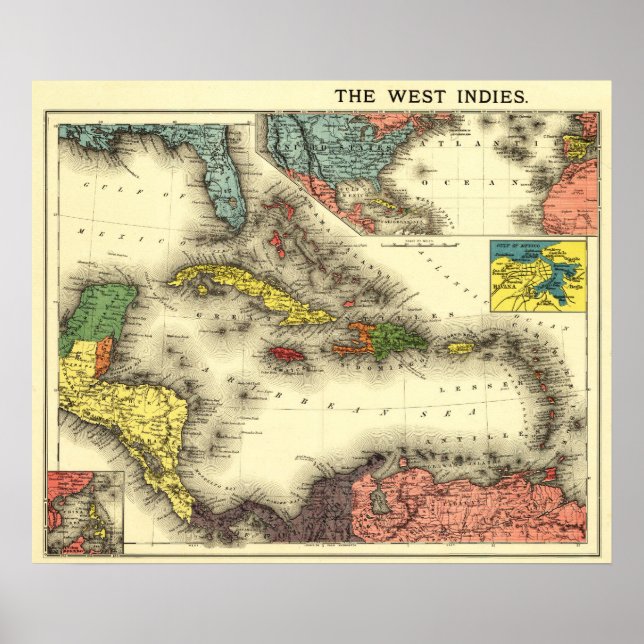 Póster West IndiesMapa panorámicoIndias Occidentales (Frente)