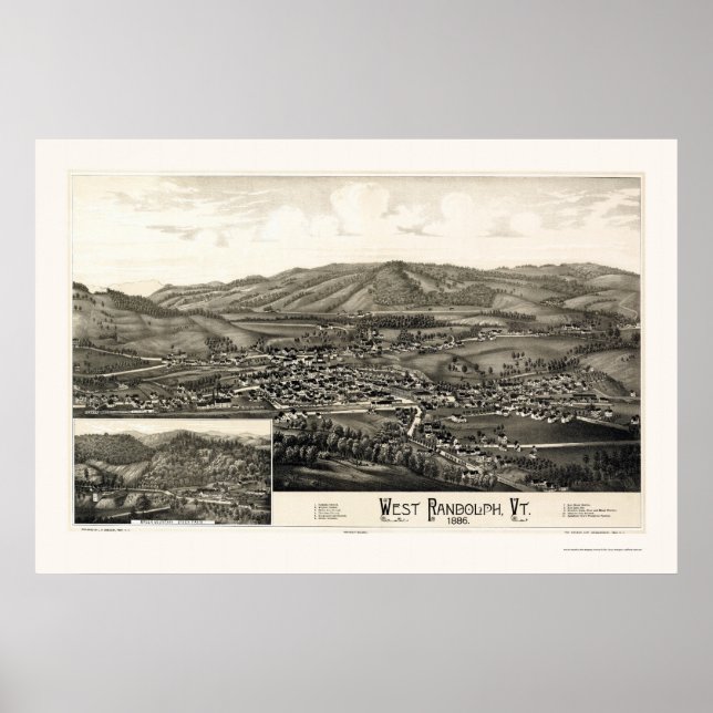 Póster West Randolph, mapa panorámico VT - 1886 (Frente)