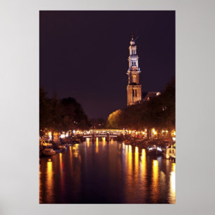 Póster Westerkerk de noche en Amsterdam Países Bajos