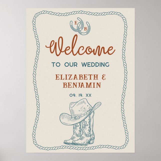 Póster Western Cowboy Boots Horseshoe Wedding Welcome (Frente)
