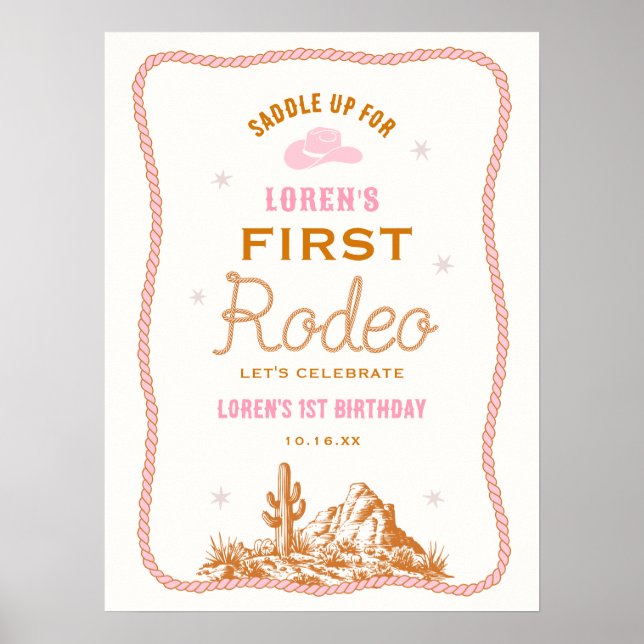 Póster Western First Rodeo Cowgirl 1st Birthday Welcome (Frente)