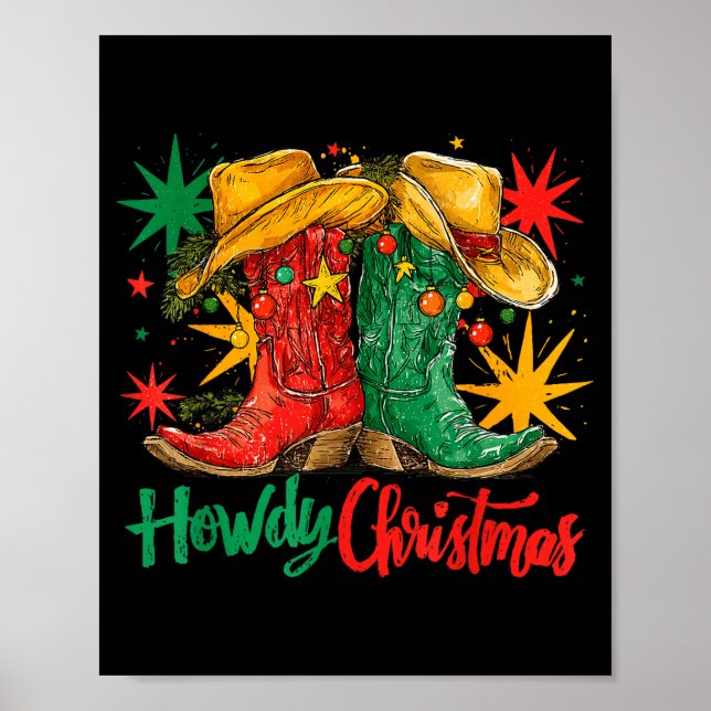 Póster Western Howdy Christmas Cowgirl Boot Hat Christmas (Frente)