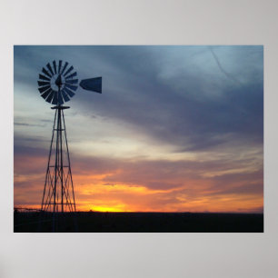Póster Western Kansas Sunset and Windmill
