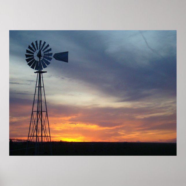 Póster Western Kansas Sunset and Windmill (Frente)