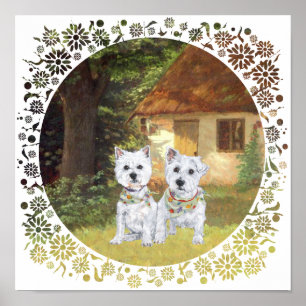 Póster Westies en el patio de una acogedora cabaña