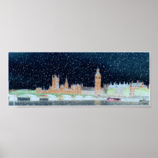 Póster Westminster Abbey and Big Ben - Snowy Night