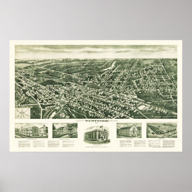 Póster Westwood, NJ Panoramic Map - 1924 (Frente)