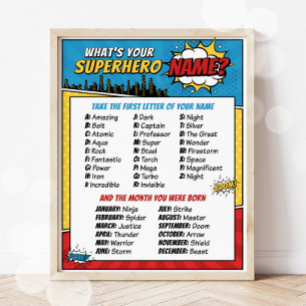 Póster What's Your Superhero Name Party Game Poster
