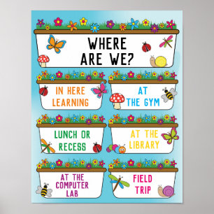 Póster Where Are We Classroom Sign in Our Garden Theme