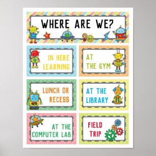 Póster Where Are We Classroom Sign in Robot Theme