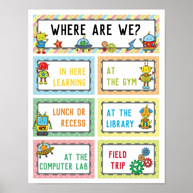 Póster Where Are We Classroom Sign in Robot Theme (Frente)