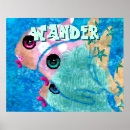 Póster Whimsical Abstract Fish Trio Blue Personalized