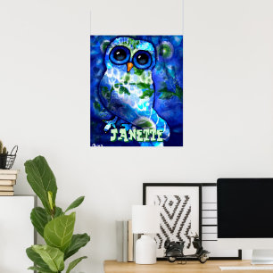 Póster Whimsical Abstract Owl Blue Green Personalizado