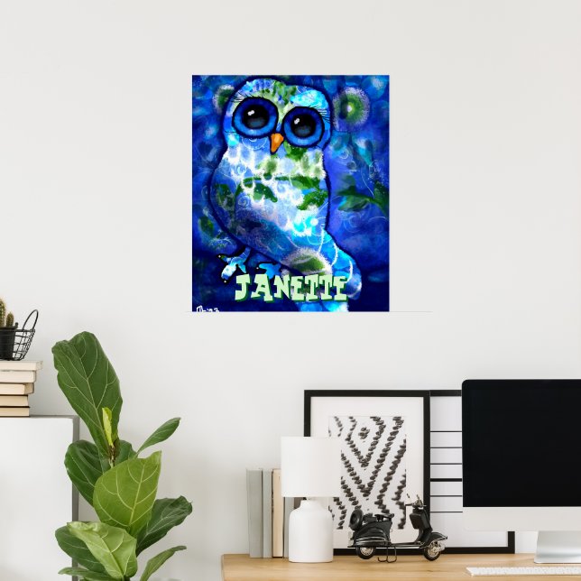 Póster Whimsical Abstract Owl Blue Green Personalizado (Oficina en casa)