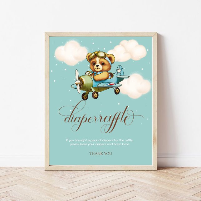 Póster Whimsical Airplane Teddy bear Diaper Raffle (Whimsical Airplane Teddy bear Diaper Raffle Poster)