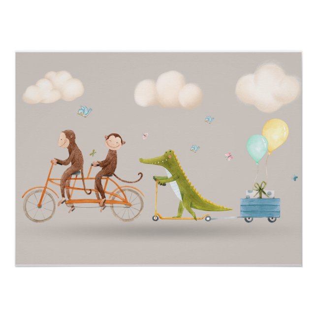 Póster Whimsical Animals on Bicycle Nursery Wall art  (Anverso)