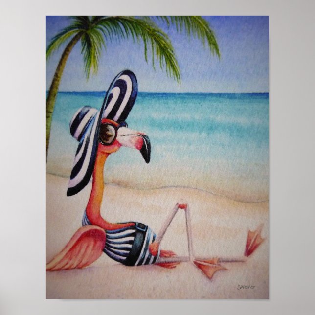 Póster Whimsical Beach Babe Flamingo 1 Watercolor 11x14 (Frente)