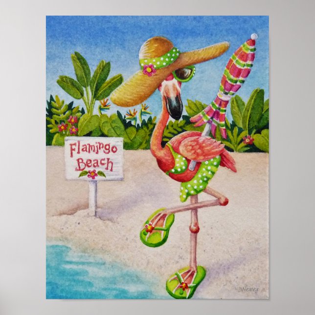 Póster Whimsical Beach Babe Flamingo 2 Acuarela 11x14 (Frente)