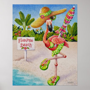 Póster Whimsical Beach Babe Flamingo 2 Acuarela 16x20