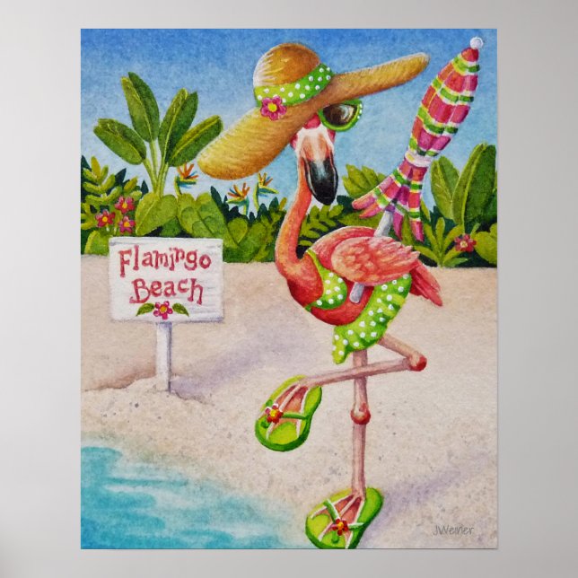 Póster Whimsical Beach Babe Flamingo 2 Acuarela 16x20 (Frente)