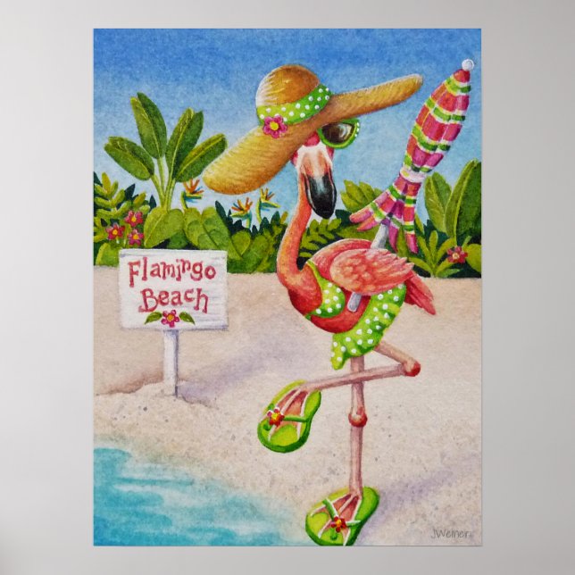 Póster Whimsical Beach Babe Flamingo 2 Acuarela 18x24 (Frente)