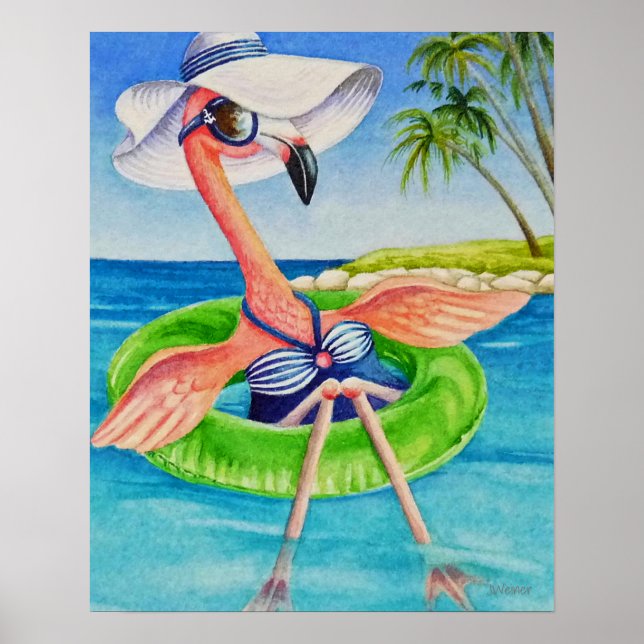 Póster Whimsical Beach Babe Flamingo 3 Acuarela 16x20 (Frente)