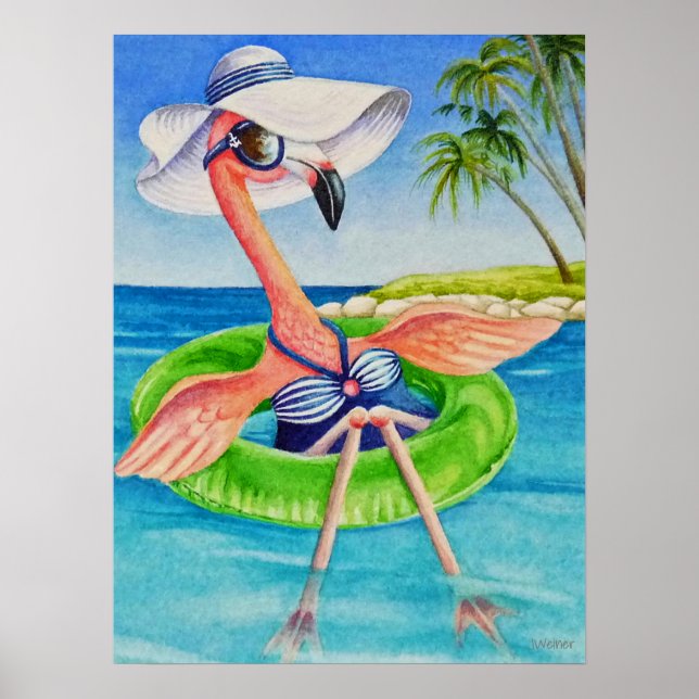 Póster Whimsical Beach Babe Flamingo 3 Acuarela 18x24 (Frente)