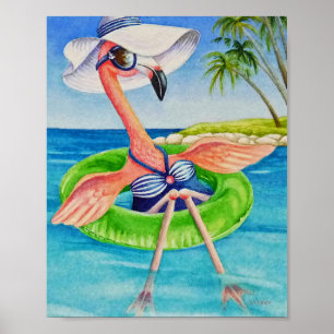 Póster Whimsical Beach Babe Flamingo 3 Acuarela 8x10