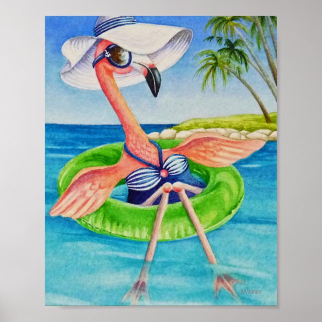 Póster Whimsical Beach Babe Flamingo 3 Acuarela 8x10 (Frente)
