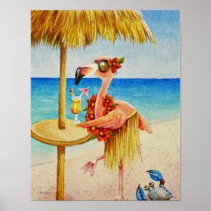 Póster Whimsical Beach Babe Flamingo 4 Acuarela 11x14