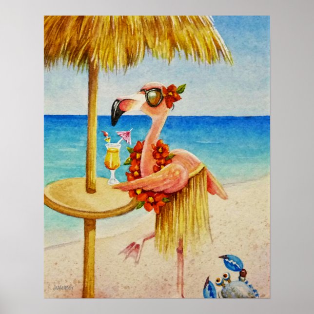 Póster Whimsical Beach Babe Flamingo 4 Acuarela 16x20 (Frente)