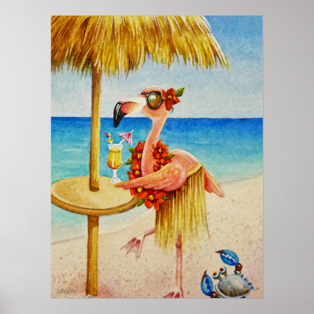 Póster Whimsical Beach Babe Flamingo 4 Acuarela 18x24 (Frente)