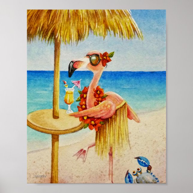 Póster Whimsical Beach Babe Flamingo 4 Acuarela 8x10 (Frente)