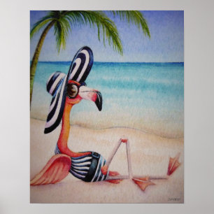 Póster Whimsical Beach Babe Flamingo No. 1 Watercolor Art