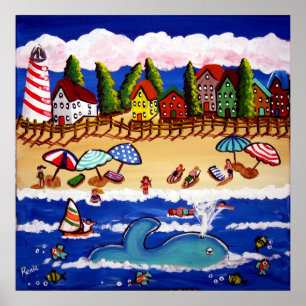 Póster Whimsical Beach Cape Cod Whale Folk Art Poster