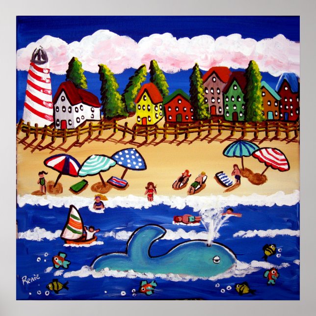 Póster Whimsical Beach Cape Cod Whale Folk Art Poster (Frente)