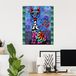 Póster Whimsical Big-Eyed Funky Kitty Cat Abstract